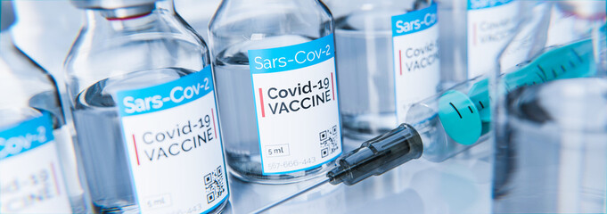 Corona Impfstoff gegen Covid-19 Flasche mit Spritze in Labor oder Krankenhaus - obrazy, fototapety, plakaty