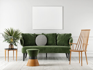 Mockup poster with green sofa, home decoration, Livingroom vintage interior, 3d render, 3d illustration