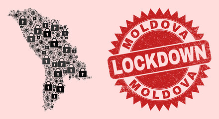 Vector Viral lockdown collage Moldova map and textured stamp print. Lockdown red imprint uses sharp rosette shape. Collage Moldova map is made of coronavirus, and lock symbols.