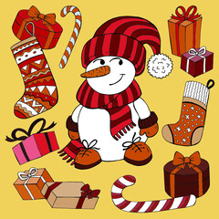 Obraz premium Snowman and Christmas gifts. Collection of vector objects. Hand drawing. For design of cards, gift packages, toys, Christmas decoration.
