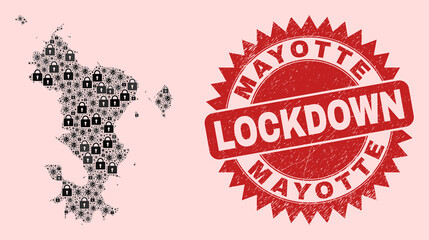 Vector pandemic lockdown mosaic Mayotte Islands map and dirty watermark. Lockdown red watermark uses sharp rosette shape. Collage Mayotte Islands map is done of infection, and locked items.