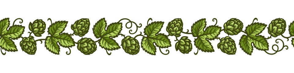 Hop branches with cones and leaves seamless border. Brewery, beer festival, bar, design elements in vintage engraving style. Hand drawn vector illustration isolated on white background.