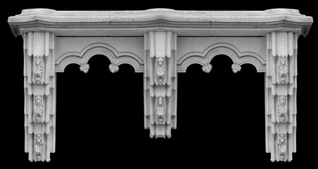 Elements of architectural decorations of buildings, a beam, a bracket under the balcony and a column, plaster patterns and stucco. On the streets in Catalonia, public places. © Kozlik_mozlik