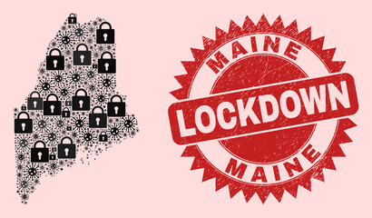 Vector Covid-2019 lockdown combination Maine State map and scratched seal. Lockdown red seal uses sharp rosette shape. Mosaic Maine State map is composed of covid- 2019 virus, and locked items.