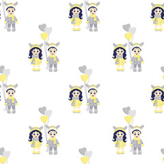 Kids winter. Seamless patterns. Children - boy and girl with deer antlers on their heads and with balloons in winter clothes on a white background. Vector illustration. For Christmas and winter design