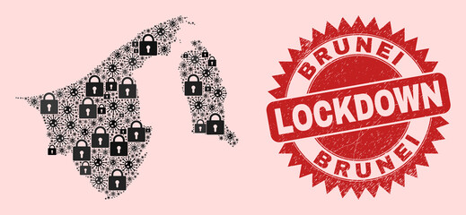 Vector Covid-2019 lockdown mosaic Brunei map and rubber seal. Lockdown red imprint uses sharp rosette form. Collage Brunei map is created from Covid, and lock icons.