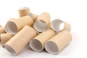 empty paper toilet rolls on white background
