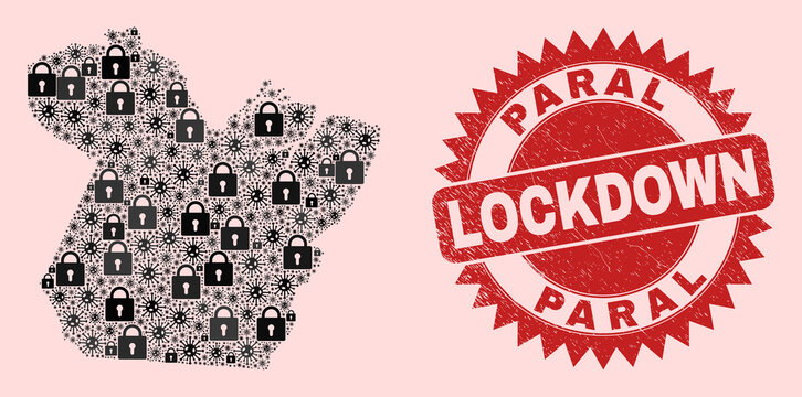 Vector Covid-2019 lockdown combination Paral State map and rubber stamp seal. Lockdown red stamp seal uses sharp rosette shape. Collage Paral State map is composed of SARS virus, and locked items.