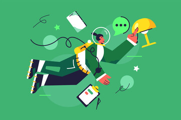 The guy presents himself as if he is an astronaut in gravity, things flying, a lamp in gravity, isolated on a green background, flat vector illustration