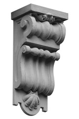 Elements of architectural decorations of buildings, a beam, a bracket under the balcony and a column, plaster patterns and stucco. On the streets in Catalonia, public places. © Kozlik_mozlik