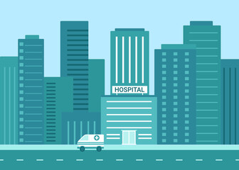 Hospital building exterior for treatment in city. Medical institution, clinic. House of Disease Care. Vector flat illustration