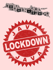 Vector Covid-2019 lockdown collage Java Island map and grunge stamp seal. Lockdown red stamp uses sharp rosette shape. Mosaic Java Island map is organized from Covid, and locked items.