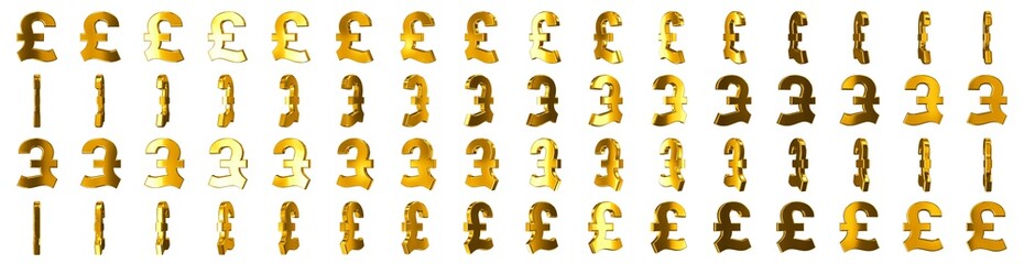Frames of a rotating golden pound of sterling sign. Effect 3D animation with 360 degrees rotation