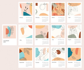 Beautiful calendar with cute girls and natural landscape.Set vector illustration in art Deco style.