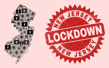 Vector pandemic lockdown collage New Jersey State map and scratched stamp. Lockdown red stamp uses sharp rosette form. Collage New Jersey State map is organized with covid, and lock icons.