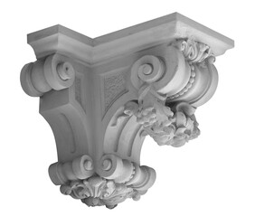 Elements of architectural decorations of buildings, a beam, a bracket under the balcony and a column, plaster patterns and stucco. On the streets in Catalonia, public places. © Kozlik_mozlik
