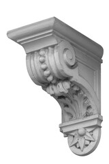 Elements of architectural decorations of buildings, a beam, a bracket under the balcony and a column, plaster patterns and stucco. On the streets in Catalonia, public places. © Kozlik_mozlik