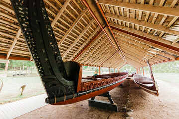Carved maori canoe in Waitangi, New Zealand - obrazy, fototapety, plakaty