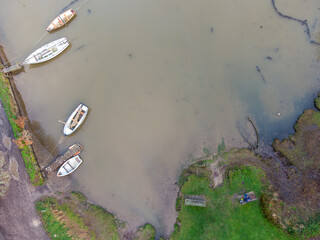 boats aerial shot from above on the water cornwall uk 
