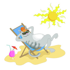 Obraz premium happy cat basking in the sun on a sandy beach in a sun lounger