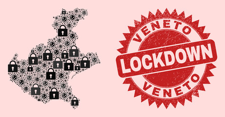 Vector coronavirus lockdown combination Veneto region map and scratched stamp seal. Lockdown red stamp seal uses sharp rosette shape. Collage Veneto region map is made with viral, and lock items.