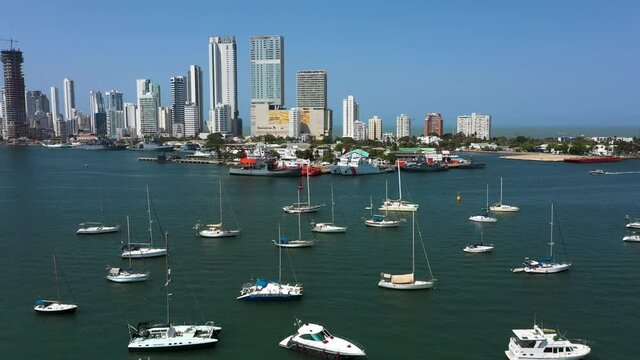 Yacht parking in the Cartagena Bay Colombia aerial view.