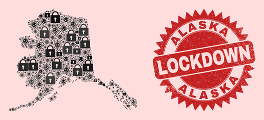 Vector Covid-2019 lockdown collage Alaska map and grunge seal. Lockdown red stamp uses sharp rosette shape. Collage Alaska map is created with Covid-2019, and lock items.