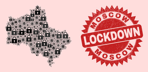 Vector pandemic lockdown mosaic Moscow Region map and grunge stamp imitation. Lockdown red stamp seal uses sharp rosette shape. Mosaic Moscow Region map is designed from Covid-2019, and lock icons.