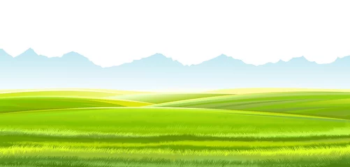 Schilderijen op glas Hills and meadows. Haymaking in pastures. Agricultural land. Green grass. Mountains in the distance. Beautiful rural landscape. Isolated over white background. Vector © WebPAINTER-Std
