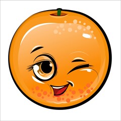 Orange cheerful smile. Juicy red  fruit with a muzzle. Cartoon style. Isolated over white background. Vector illustration. Winks.