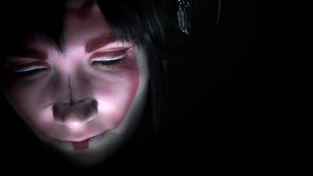 4k Black Background of Geisha Woman Posing with Black Eyes