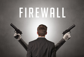 Rear view of a businessman with FIREWALL inscription, cyber security concept