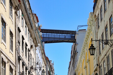The bridge from the the Santa Justa Elevator, Elevador de Santa Justa in Portuguese.This wrought iron elevator connects the lower streets of the Baixa with the higher level Largo do Carmo.