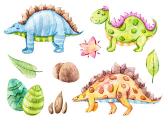Watercolor cute dinosaurs clipart set.Cartoon nursery illustration isolated on a white background. Hand painted illustration for sticker, pattern, baby shower, birthday invitation, poster, sublimation