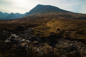 Panoramic landscape view of the Fairy Pools, Isle of Skye, The Highlands, Scotland, UK, in a sunny day