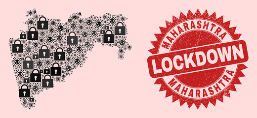 Vector Viral lockdown collage Maharashtra State map and dirty seal. Lockdown red stamp seal uses sharp rosette form. Collage Maharashtra State map is constructed of Covid, and lock symbols.