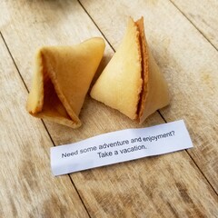 fortune cookie on wooden table with a message about adventure and vacation