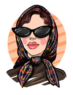 Hand Drawn Beautiful Young Woman. Fashion Woman Look. The Girl In The Headscarf. Sketch.Vector Illustration EPS 10