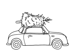 Cute Christmas car with tree on top. Vector outline illustration. Perfect for greeting card, poster, decoration, sublimation printing, web design, logo, banner, announcement