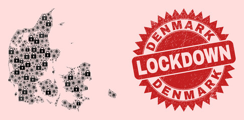 Vector Viral lockdown combination Denmark map and textured stamp seal. Lockdown red stamp uses sharp rosette form. Collage Denmark map is created from coronavirus, and lock items.