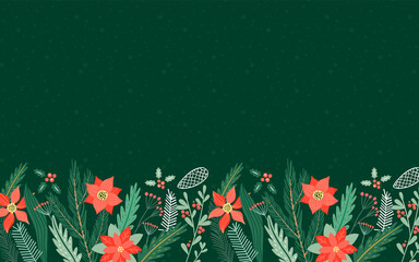 Fototapeta na wymiar Empty christmas holiday background illustration. Festive winter season backdrop template with traditional flowers, pine tree branch and forest plants. Includes copy space for custom message.