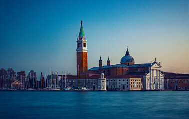 Church of San Giorgio Maggiore at sunset with the canal Grande and the Giudecca canal empty due to the coivid-19