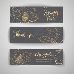 Floral baners. Hand drawn vector botanical illustration. Template greeting card, wedding invitation banner with spring flowers. Sketch linear magnolia blossom.Engraved style illustration.