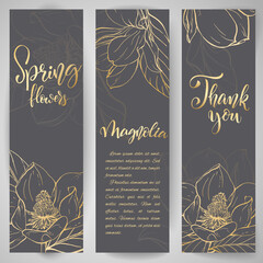 Floral baners. Hand drawn vector botanical illustration. Template greeting card, wedding invitation banner with spring flowers. Sketch linear magnolia blossom.Engraved style illustration. © Katarina S.