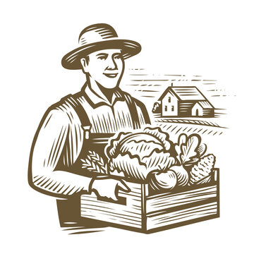 Farmer holding wooden box full vegetables. Farm, agriculture vintage vector illustration