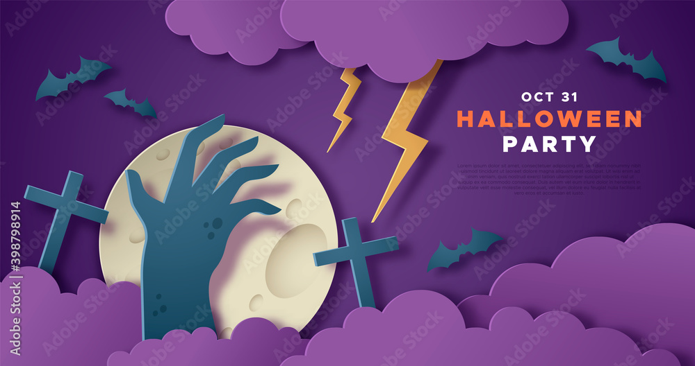 Wall mural Creepy halloween party event template with zombie hand rising in night fog. Realistic 3D papercut illustration of spooky autumn celebration. Includes copy space, bats, full moon.