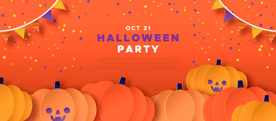 Halloween party template, cute paper cut pumpkin patch with funny smiling faces for children celebration or happy online event. Autumn season holiday invitation design.