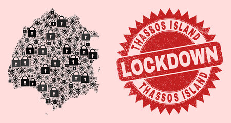 Vector Covid lockdown mosaic Thassos Island map and textured stamp imitation. Lockdown red stamp uses sharp rosette form. Mosaic Thassos Island map is made of Covid, and lock items.