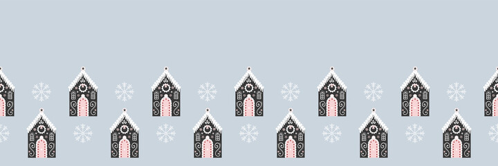 Light blue vector illustration. Hand drawn gingerbread houses and snowflakes horizontal seamless pattern border background.