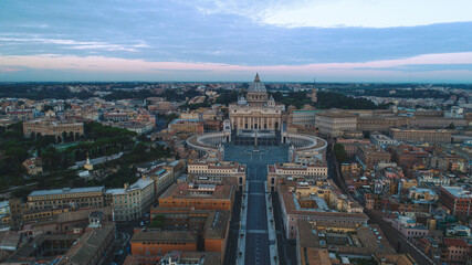
Aerial photography with drone over Rome, the photo was taken at dawn, with St. Peter's Basilica in the foreground, Vatican